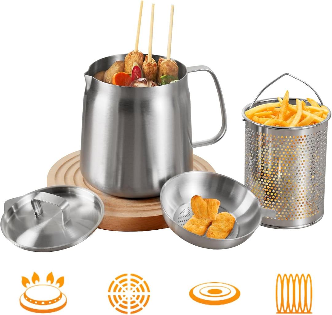 PUCOHOUSE 304 Stainless Steel Deep Fryer Pot with Basket & Strainer,Frying, Cooking, Camping,Oil Filter Container,2L2Qt)