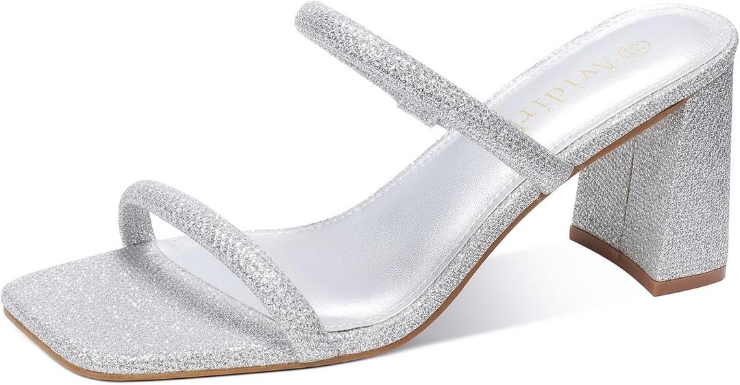 Women's Square Open Toe Heeled Sandals Two Strap Mules Slip On Block Chunky Mid Heels Sandals (Silver)