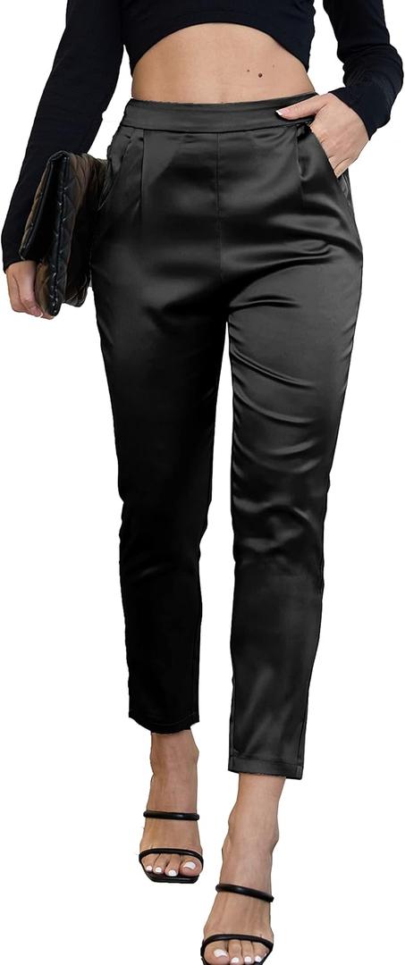 heipeiwa Women's Satin Pants Dress Casual Pleated Pull on High Waist Pants Baggy Front Tapered Trouser (Drapeblack), Small Long