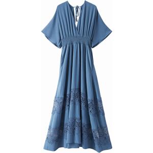 Women's Lace Maxi Dress Short Sleeve V Neck Party Dress Smocked Waist Boho Maxi Dress Bohemian Dress for Women (Blue) XL