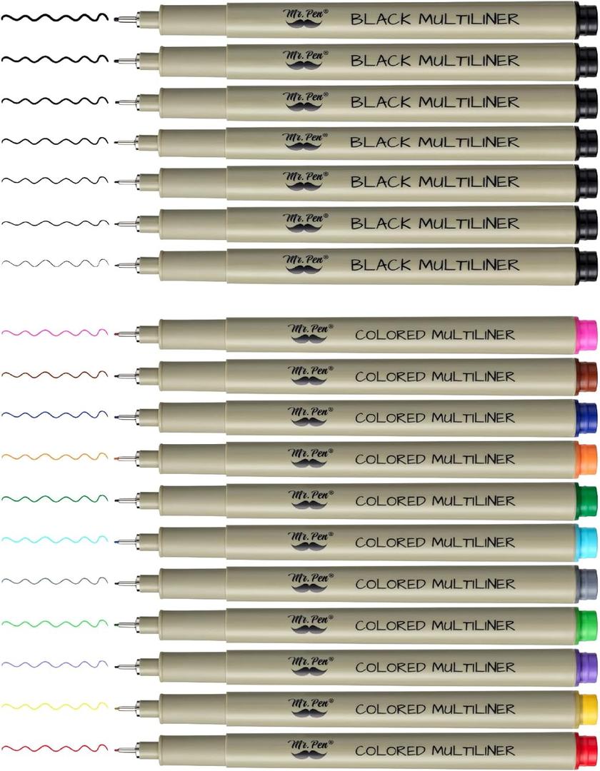 Mr. Pen- Drawing Pens for Artists, 18 Pack, Black Ink Multiliner, Colorful 0.3mm Artist Pens