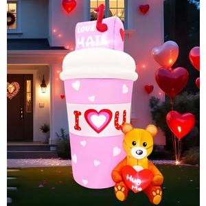 OurWarm Valentine Inflatables Outdoor Decoration, 6FT Valentines Day Inflatable Mail Coffee Cup, Pink Lighted Valentines Blow Up with Teddy Bear for Garden Lawn Outdoor Decor Wedding Party Proposal