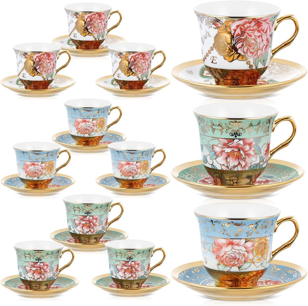 Set of 12 Tea Cups and Saucers Tea Party Decorations Floral Porcelain 5.4 oz British Gift for Women Birthday Party, Church, and Mother's Day (Classic Style)