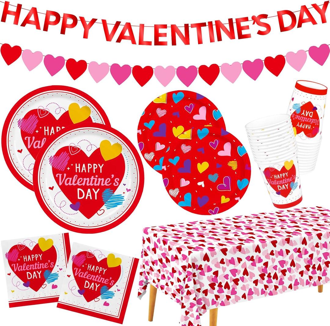 Valentine's Day Party Supplies Set for 25 - Elegant Disposable Paper Plates, Napkins, Cups, Tablecloth & Banner, Valentine's Day Party Decorations