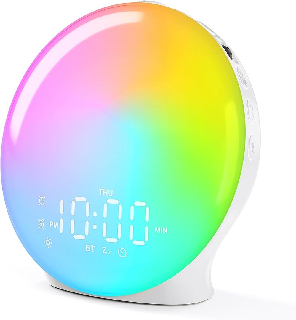 Wake Up Light Sunrise Alarm Clock with 17 Nightlights, Alarm Clocks for Bedbrooms Sound Machine with 5W Bluetooth Speaker, 25 Soothing Sounds, SleepTimer, Dual Alarms, FM Radio, Gift for Kids, Adults (White)