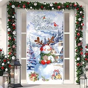 Merry Christmas Door Cover, Christmas Door Decorations, Snowflake Banner Porch Sign Hanging Backdrop Xmas Decor for Home Winter Indoor Outdoor Party Decor 35.4 x 70.8 Inches