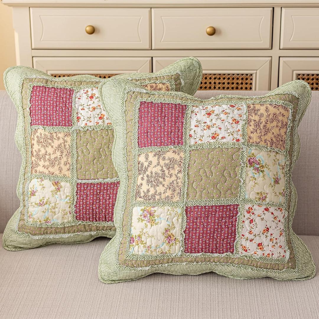 vctops Set of 2 Quilted 100% Cotton Boho Throw Pillow Covers 18" x 18" Farmhouse Country Floral Patchwork Decorative Cushion Cover, Patchwork Flower D