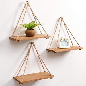 SAND MINE Wood Wall Hanging Shelf Set of 3, Rustic Rope Hanging Shelves, Floating Shelves for Living Room & Bedroom