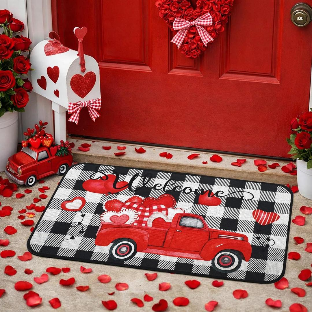 Zhanmai Valentines Day Welcome Mats Buffalo Plaid Doormat Red Heart Welcome Mat Indoor Entrance Cute Decorative Outdoor Doormats Non Slip Outside Door Mat for Valentines Day Rugs, 16 x 28