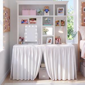 Breling 1 Pcs Ruffled Split Dorm Desk Skirt 42" L x 24" W x 30" H, White