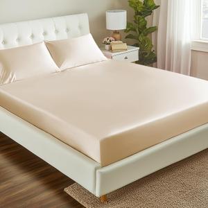 Love's cabin Satin Fitted Sheet Full Size - Beige Silky Bed Fitted Sheet Only with Deep Pocket, Luxury Soft Non-Fading Silk Feel Single Bottom Satin Bed Sheet