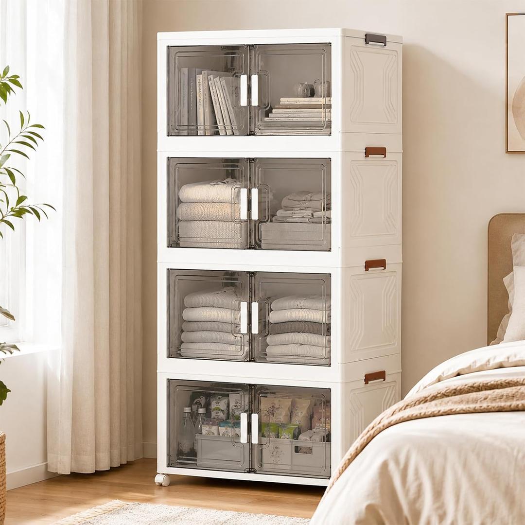 229QT Foldable Storage Bin with Lid 4-Tier, High-Capacity, Stackable Storage Container featuring Front Opening Design and Wheels，Wardrobe Organizer Bin suitable for Bedrooms and Garages.