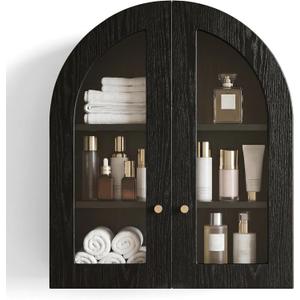 Arched Wall Cabinet, Bathroom Cabinet Wall Mount with Glass Doors & Adjustable Shelf, Floating Medicine Cabinet for Bathroom, Kitchen, Living Room Storage, Black, 23.6 x 27.5 x 8.46 in