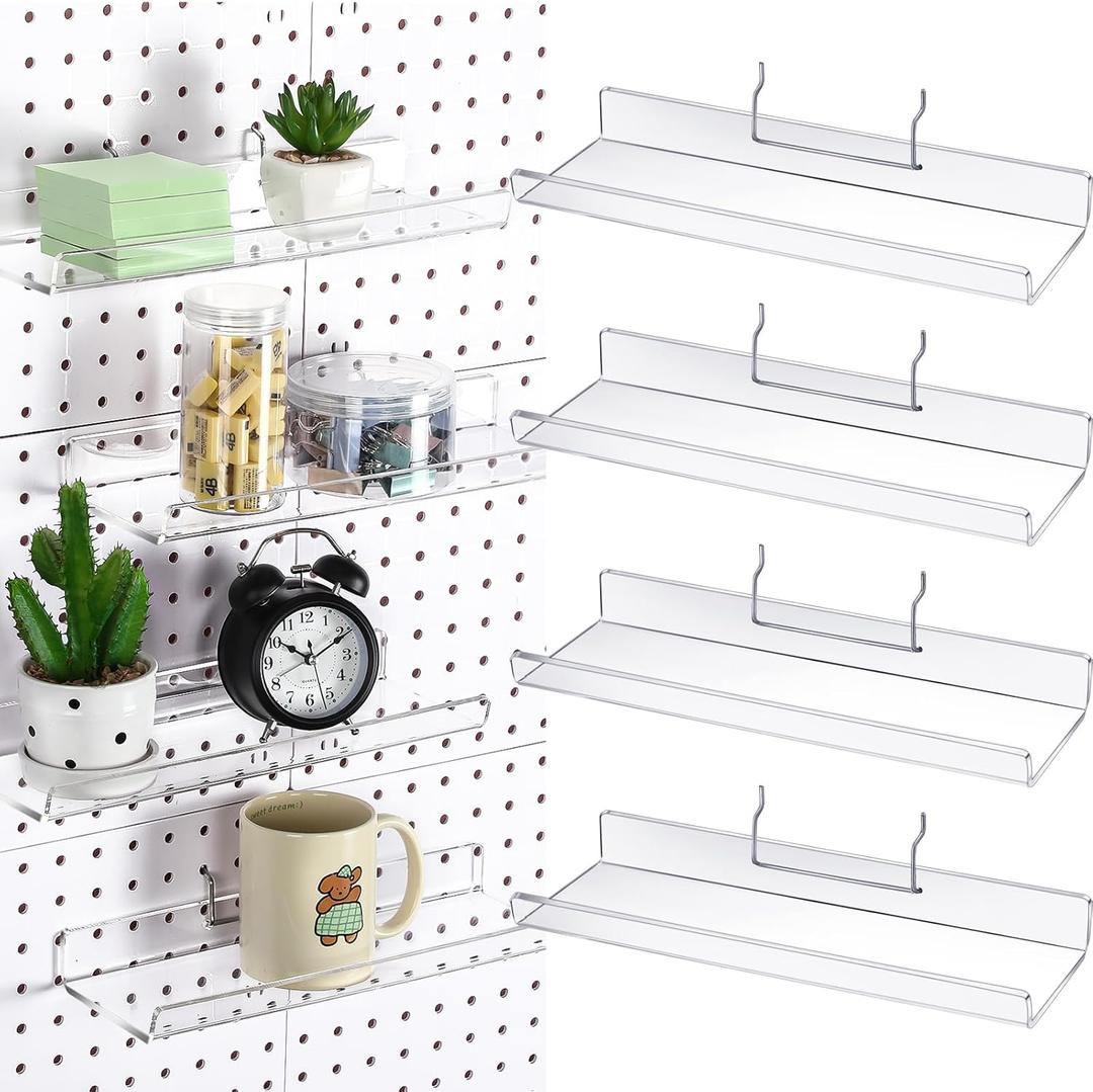 Lounsweer 4 Set Pegboard Shelf Acrylic with Metal Hooks Organizer Accessories Storage for Pegboard Display Wall Craft Room Home Garage Nursery Kitchen(Clear,12 x 4 Inch)
