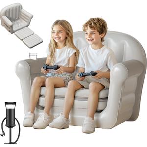 QPAU Inflatable Couch, Extra Wide 2-in-1 Toddler Couch Fold Out with Plush, Convertible Kids Couchs to Lounger for Baby Boys Girls, Portable Sleeper Sofa for Home Camping Travel (Grey)