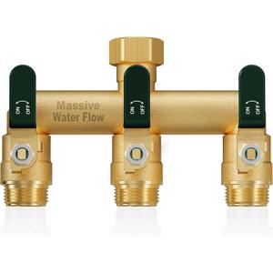 3 Way Hose Splitter, Heavy Duty Full Flow Garden Water Hose Bib Spigot Splitter, Brass Rust and Freeze Resistant Outdoor Faucet Splitter, T Adapter Connector with 3/4 - Inch GHT Thread Green