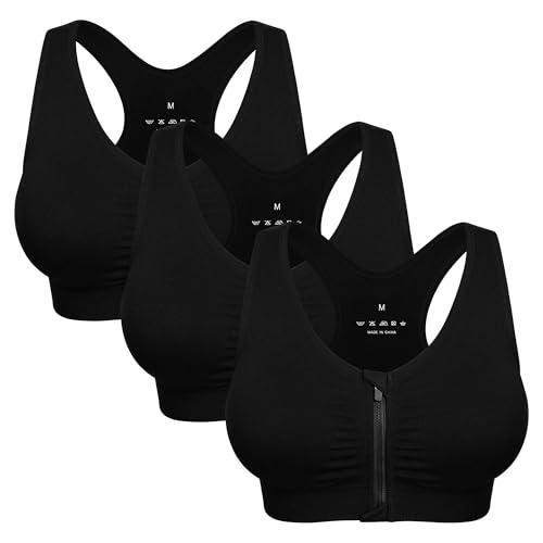 WANAYOU Sports Bras for Women Racerback Wireless Seamless Front Zipper Closure Workout Bra (L:Fit 34C,34,34D,34DD,36B,36C,38A,38B, 3 Pack Black) L