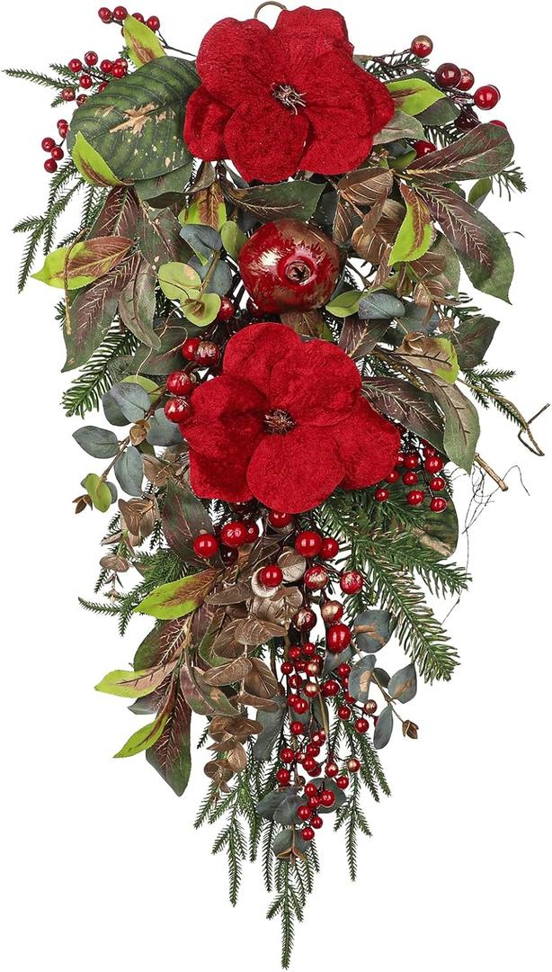 Briful Red Magnolia Christmas Swag 29.5 Farmhouse Christmas Teardrop with Red Pomegranate & Berries, Hanging Xmas Door Swags for Front Door, Fireplace Mantel, Outdoor Holiday Decor