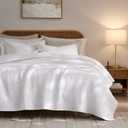 Palassio Striped White 100% Cotton Quilt King Size Bedding Sets, Lightweight Crinkly Channel Pick Stitch Textured Bedspread Soft Shabby Chic Farmhouse Country Coverlet for All Season, 2 Shams