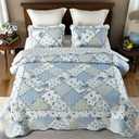 VIVILINEN Blue Floral Patchwork Quilt Set King Size Reversible Quilted Bedding Set with 2 Pillowcases | Blue Quilt Set, King Size Quilt Set, Patchwork Quilt, King Size Comforter, Reversible Quilt, Floral Quilt Set