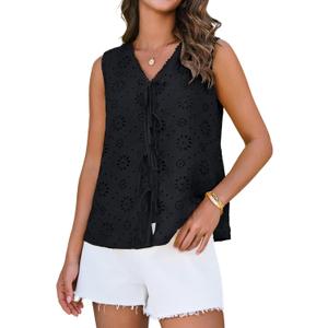 Womens Summer Tank Top Dressy Casual V Neck Bow Lace Embroidered Vacation Beach Shirts Blouses Black 2XL