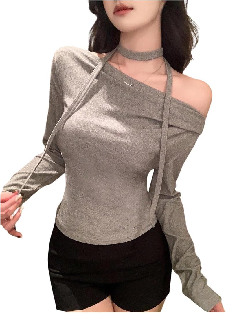 SHENHE Women's Off Shoulder Long Sleeve Top with Scarf Casual Fitted Going Out Tee Shirt (Gray, M)