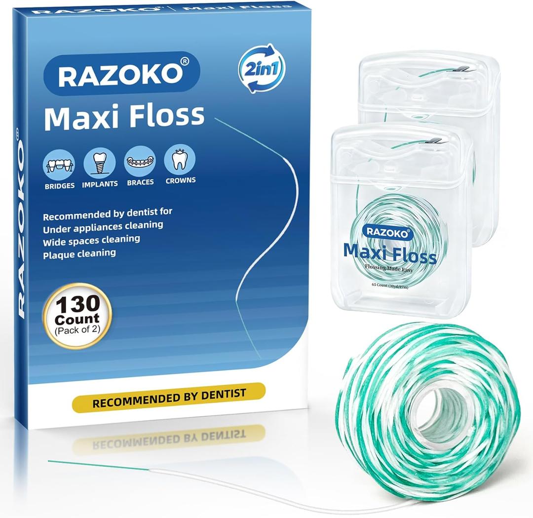 RAZOKO Threader Floss for Braces,Implants,Bridges-130 Count Pre-Measured Strands 2-in-1 Expanding Waxed Dental Floss for Deep Clean,Gentle for Adults & Kids,Light Mint Flavored