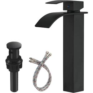 Vessel Sink Faucet Waterfall Bathroom Faucet Matte Black Stainless Steel Tall Single Handle One Hole Deck Mount Bowl Vanity Sink Faucet with Pop-up Drain Stopper