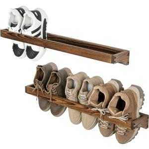 MyGift 30 Inch Shabby White Washed Solid Wood Wall Mounted Shoe Hanger Storage Rack, Hanging Shoes Organizer Shelf for Closet Mudroom Entryway, Set of 2 Holds 6 Pairs