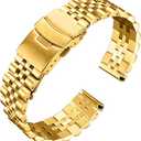 BINLUN Stainless Steel Watch Band Replacement Metal Watch Strap with Double Locking Foldover Clasp for Men Women 20mm in Gold
