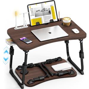 Lap Desk for Bed Adjustable Height, Foldable Bed Table with Storage Drawer, Tablet Slot & Cup Holder, Portable Laptop Stand for Bed & Sofa, Bed Desk for Adults & Kids, Walnut