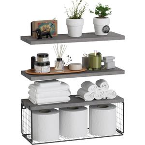 WOPITUES Bathroom Shelf Over Toilet, Floating Bathroom Shelf Wall Mounted with Wire Basket, Floating Shelf for Wall Dcor-Modern Grey (16.5inch)
