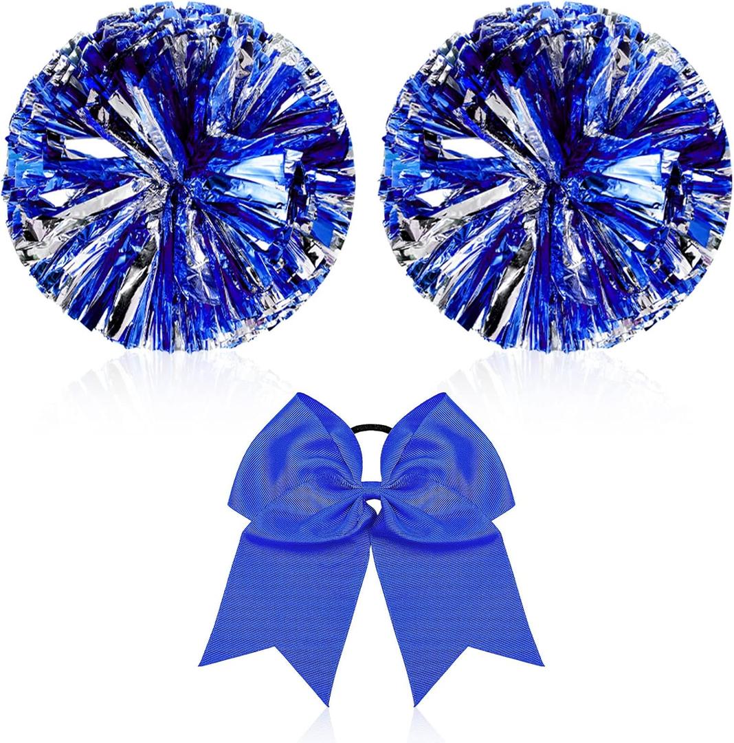Hanaive 3 Pcs Cheerleading Pom Poms and Large Cheerleader Hair Bow Metallic Cheer Supplies for Team Spirit Sports Dance Cheering (Blue Silver Pom)