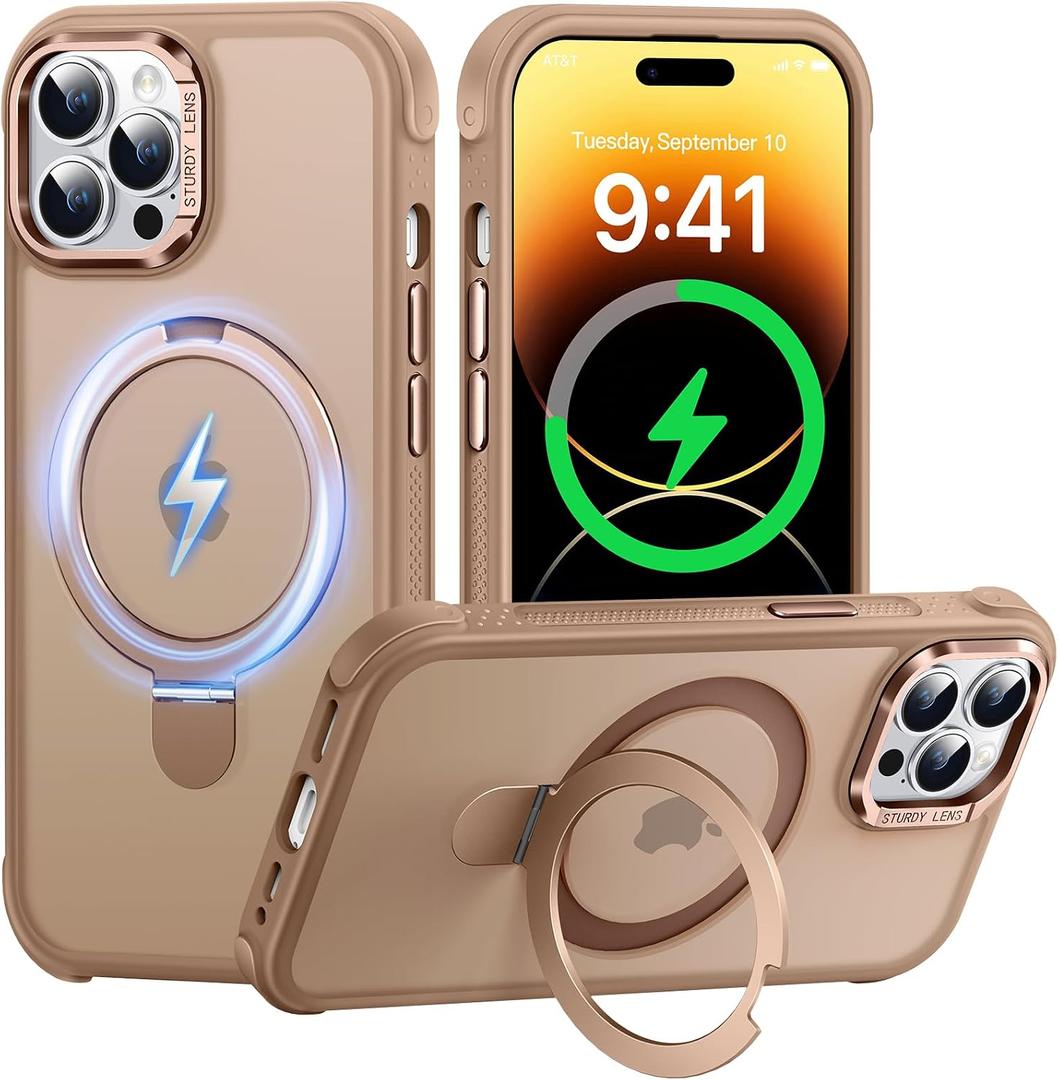 Case for iPhone 14 pro max, with Invisible Magnetic Stand, Mil-Grade Drop Protection, Non-Slip, Anti Fingerprint Anti Scratch, Shockproof Matte Phone Case (Brown)
