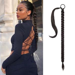 SEIKEA Long DIY Braided Ponytail Extension with Hair Tie Straight Wrap Around Hair Extensions Ponytail Natural Soft Synthetic Hair Piece Black Brown 20 Inch (After Braided 16 Inch)