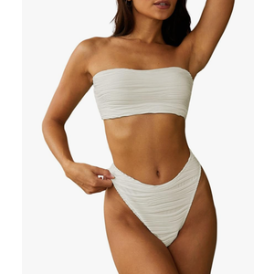 ZAFUL Women Strapless Textured Bandeau Bikini 2 Piece Swimwear Cheeky Solid Lace up Bathing Suits Size Larg