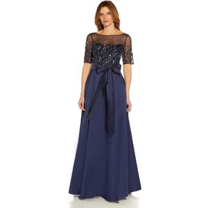 Adrianna Papell Women's Beaded Mesh and Taffeta Gown (4, Navy)