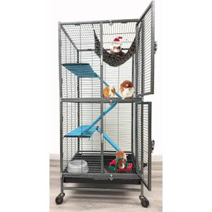 Deluxe Double Unit Two Full Story Durable Front Doors Tight 1/2-inch Wire Spacing Chew-Free Small Animal Critter Home Cage Water Bottle Food Bowl for Feisty Ferret Hammock Rat Mice On Wheels