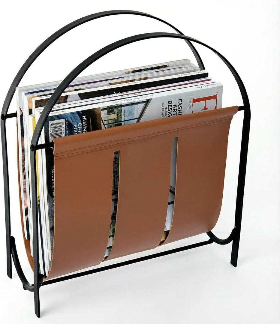 MyGift Black Metal and Caramel Brown Leatherette Magazine Rack  Tabletop or Floor Standing Sling Basket for Magazines, Newspapers, and Books