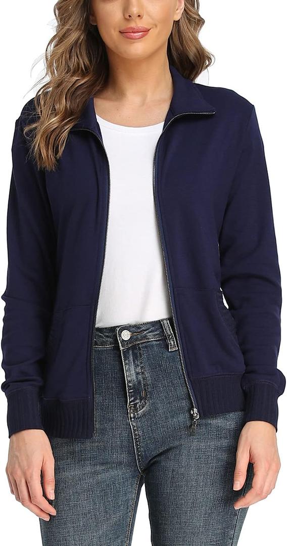 andy & natalie Women's Stand Collar Zip up Long Sleeve Jacket with Pockets Running Sweatshirts Jackets. Navy Blue Large