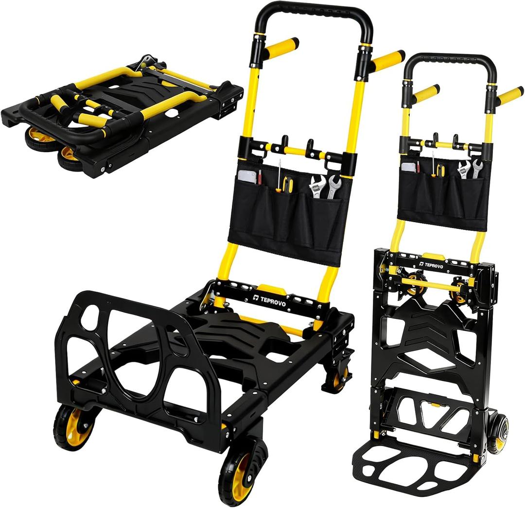 Folding Hand Truck Dolly, 330 lbs Heavy Duty Convertible 2-in-1 Dolly Cart with 3-Level Adjustable Handle, 360° Swivel Handle & Tool Bag for Moving, Shopping, Warehouse & Garage