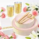 YOUBET 175PCS Pink Plastic Plates - Pink and Gold Disposable Plates Include 50 Plastic Plate, 75 Silverware, 25 Cups, 25 Napkins for Wedding & Party & Birthday Mothers Day