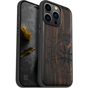 Carveit Magnetic Wood Case for iPhone 14 Pro Max [Natural Wood & Black Soft TPU] Unique & Classy Wooden Shockproof Protective Cover Compatible with magsafe (Vintage Compass -Blackwood)