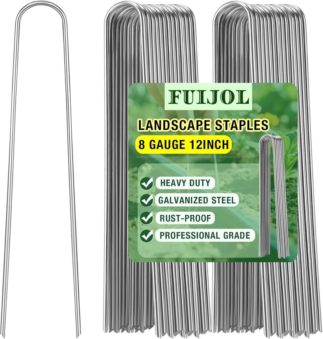 8 Gauge Landscape Staples, FUIJOL 12 Inch Heavy Duty U-Shaped Landscape Stakes, 25 Pack Galvanized Garden Staples for Weed Barrier Stakes, Ground Cover, Irrigation Tubing, Fence (25)