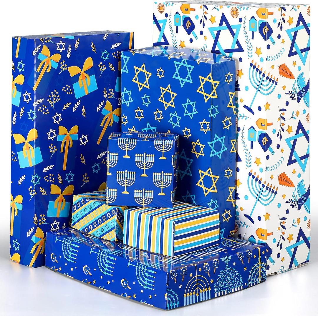 Qilery 24 Pieces Hanukkah Gift Boxes Set Hanukkah Party Decorations Blue and White Gift Wrap Boxes 4 Sizes Menorahs Star of David Dreidels Stripe Patterns