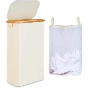 iEGrow 65L Slim Laundry Hamper, Narrow Laundry Basket with Lid,Foldable Clothes Hamper with Bamboo Handles,Hamper Basket with Removable Inner Bag for Laundry Room Bedroom College Dorm,17.17 Gals Beige