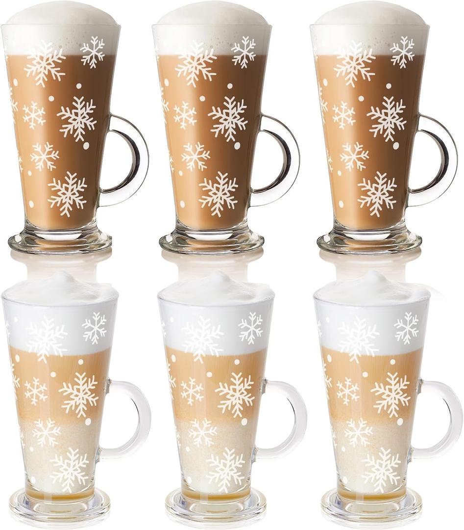 Sliner 6 Pcs Christmas Glass Coffee Mugs with Handle 9 oz Clear Irish Coffee Mugs Footed Xmas Glasses Winter Holiday cups for Chocolate Cocoa Xmas Gift(Snowflakes)