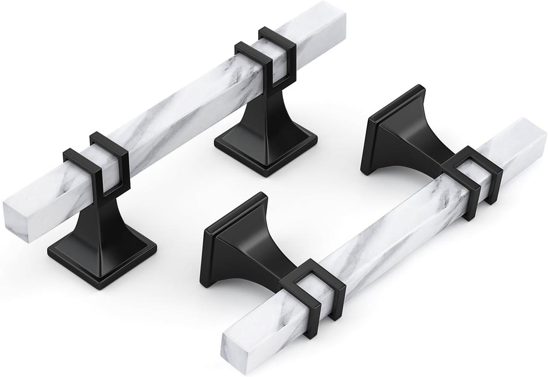 Haliwu 10 Pack 3 inch White Marble Grain Kitchen Cabinet Pulls Black Dresser Drawer Handles, 2 Tone Square Hardware