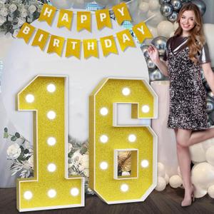 imprsv Marquee Numbers Gold 16th-Birthday Decorations: Large 3ft Light Up Number Sweet 16 Party Decoration for Boy Girl Sixteen Year Old Decor Party Backdrop Anniversary Big Mosaic Number 16