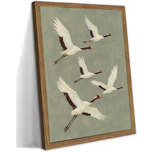 Framed Crane Bird Wall Art, Vintage Japanese Flying Cranes Canvas Print, Nature Animal Painting, Minimalist Zen Wall Decor for Living Room Bedroom Office, 16x24 Inches